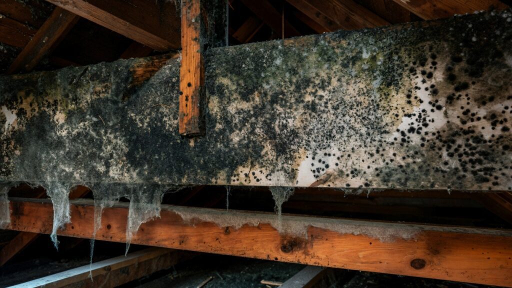 Mold growth on wood in an attic