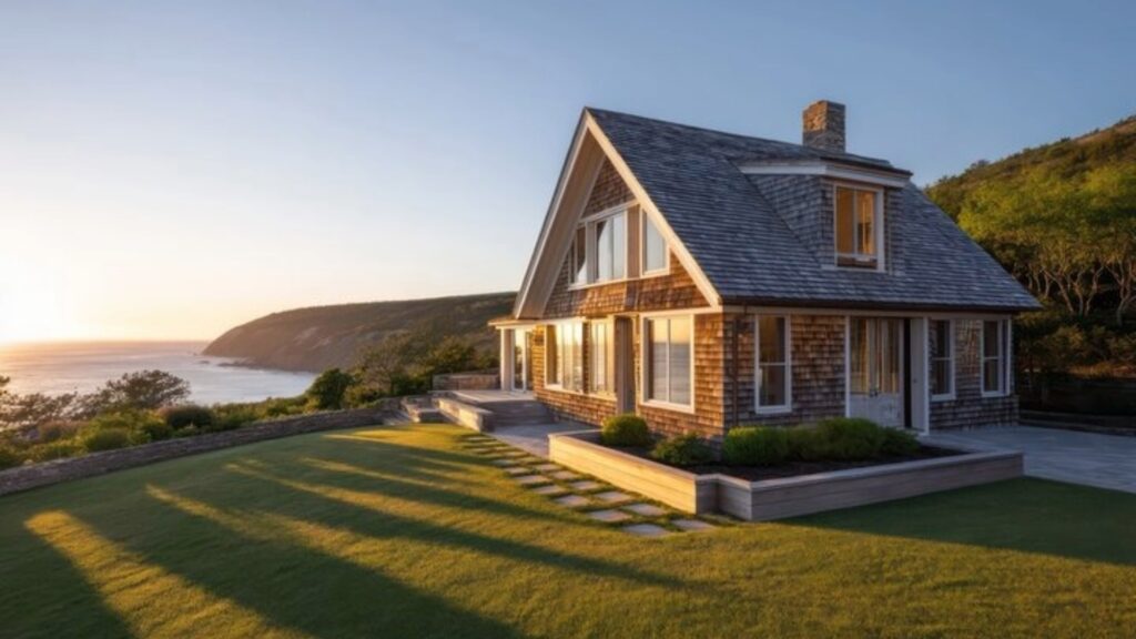 Coastal house at sunset with ocean view and green lawn