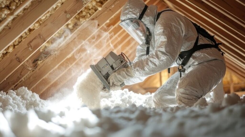Person in protective gear installing insulation in an attic