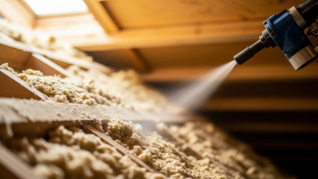 Spray foam insulation being applied in an attic space