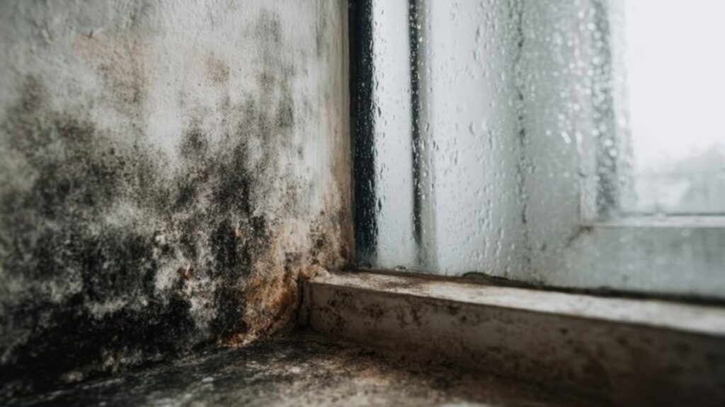 Black mold growing on a damp wall corner near a window