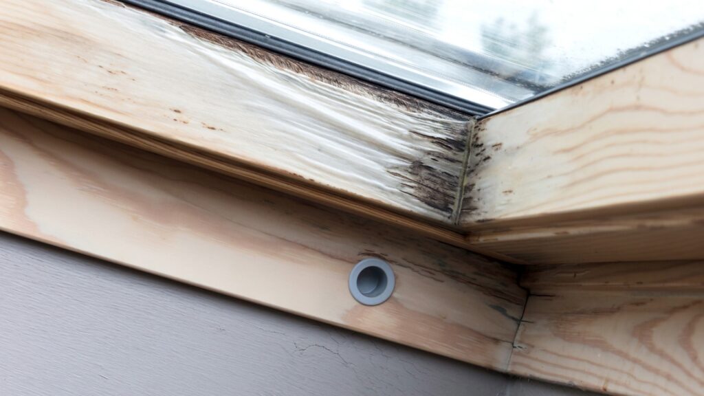 Close-up of wooden window frame with water damage and mold