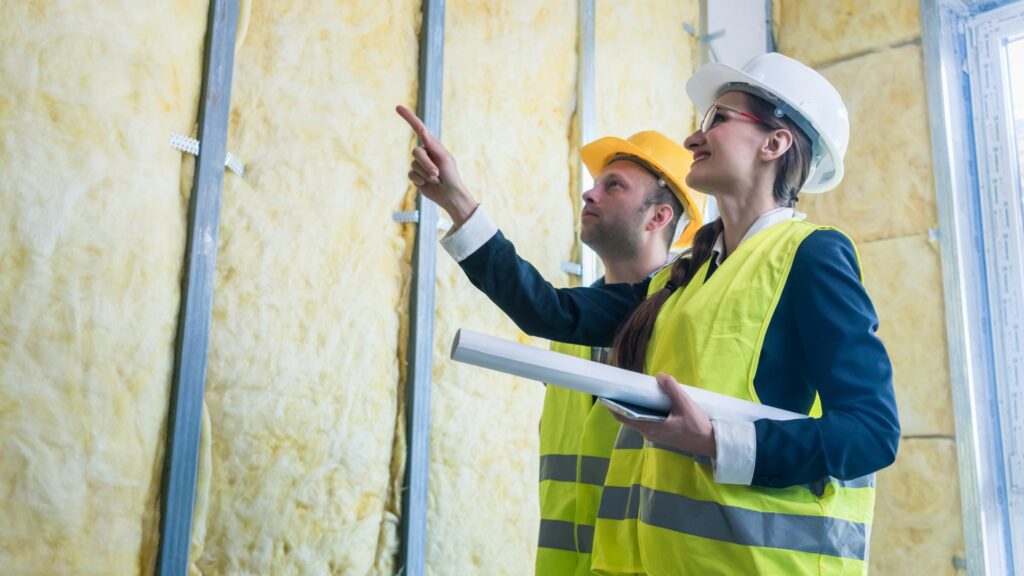 Construction professionals inspecting insulation on a building site