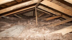 View of an attic with loose-fill insulation and wooden beams