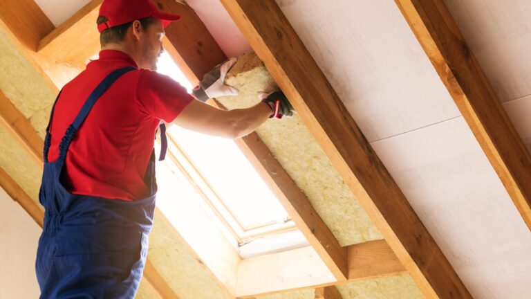 Worker installing insulation in an attic space