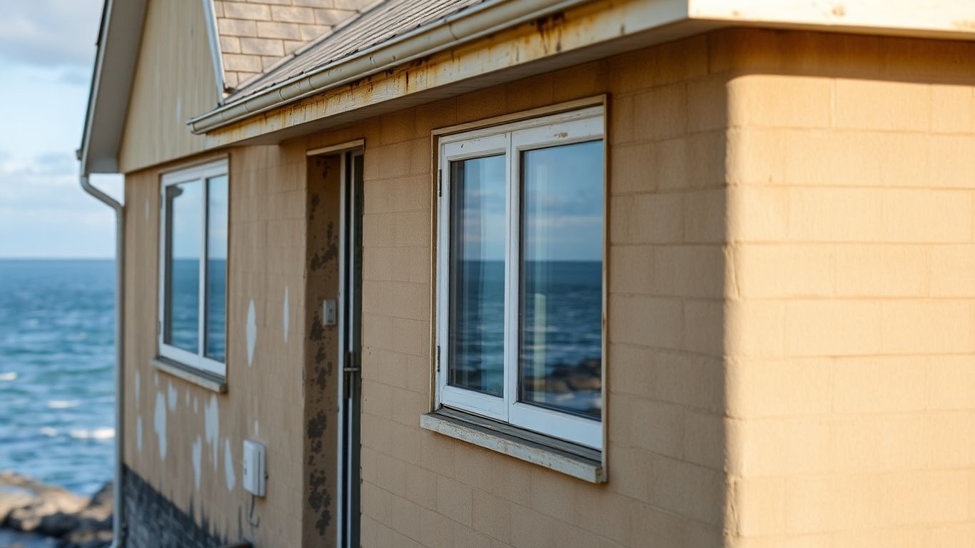 Coastal home exterior with damp and mould issues.